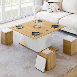 Mesa de centro rectangular elevable convertible en mesa de comedor blanca y de madera de 100 cm con reposapiés - EDEN | IdMarket