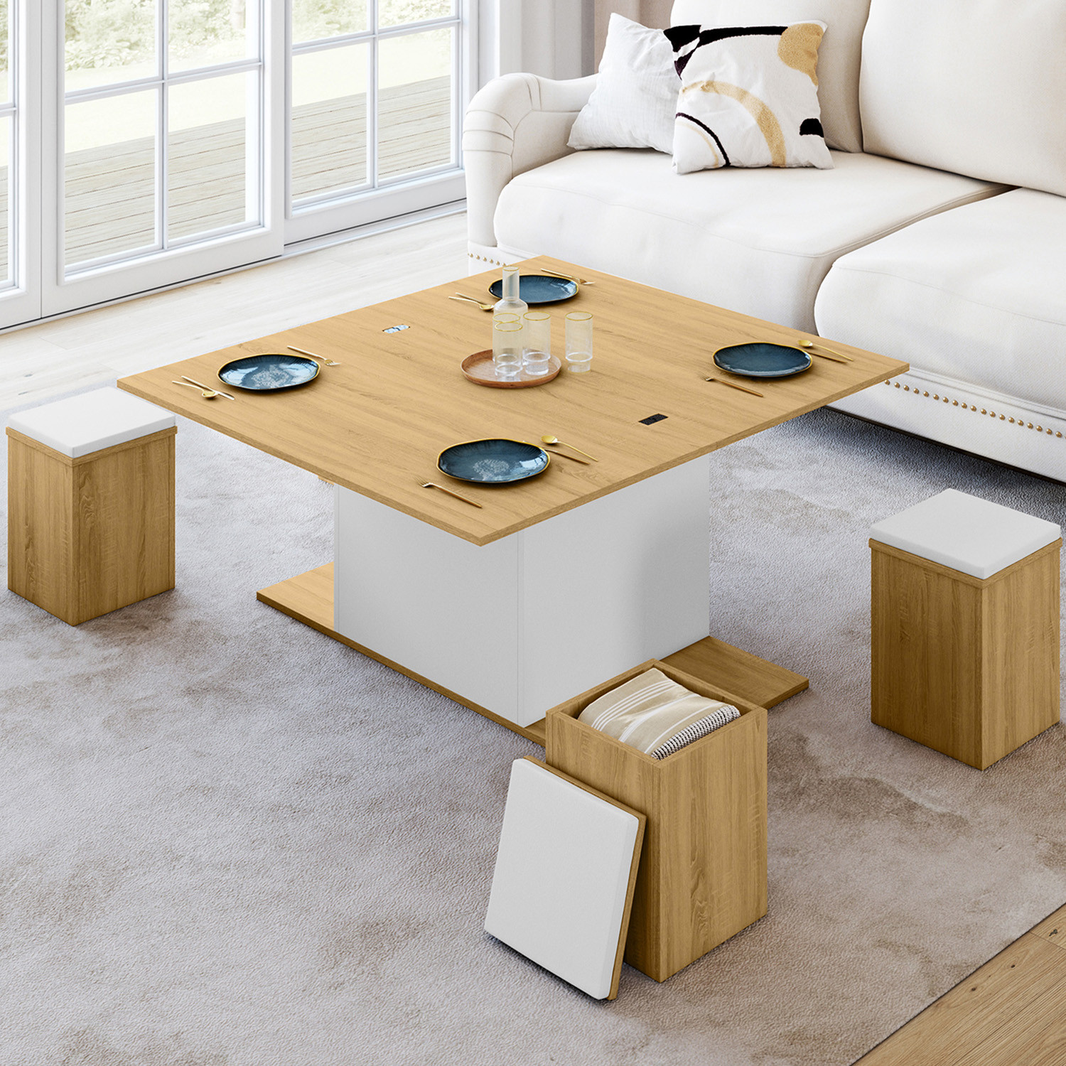Table basse plateau relevable rectangulaire convertible en table à manger 100 cm bois et blanc avec poufs