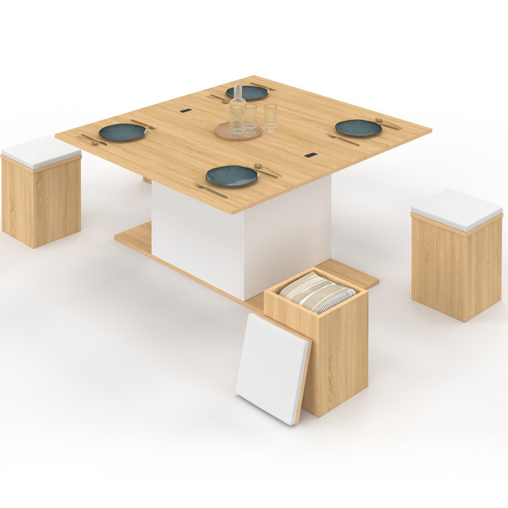 Mesa de centro rectangular elevable EDEN en madera y blanco con reposapiés