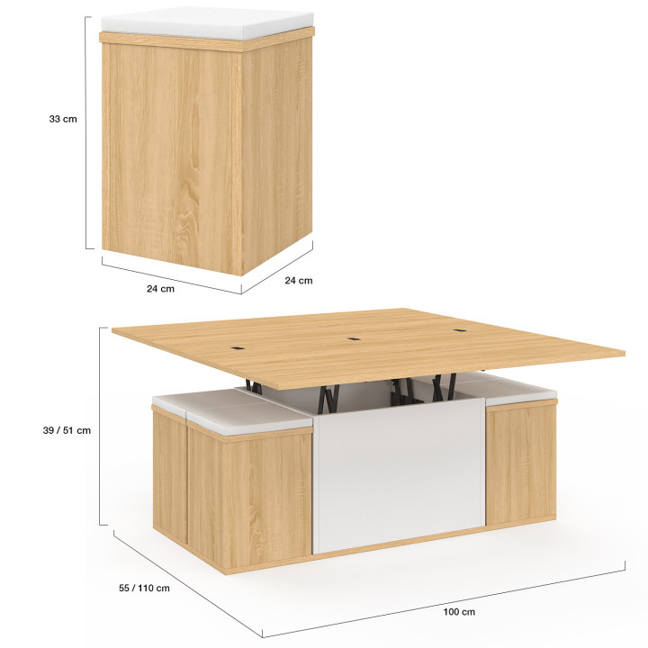 EDEN houten en witte rechthoekige salontafel met lift en poefs