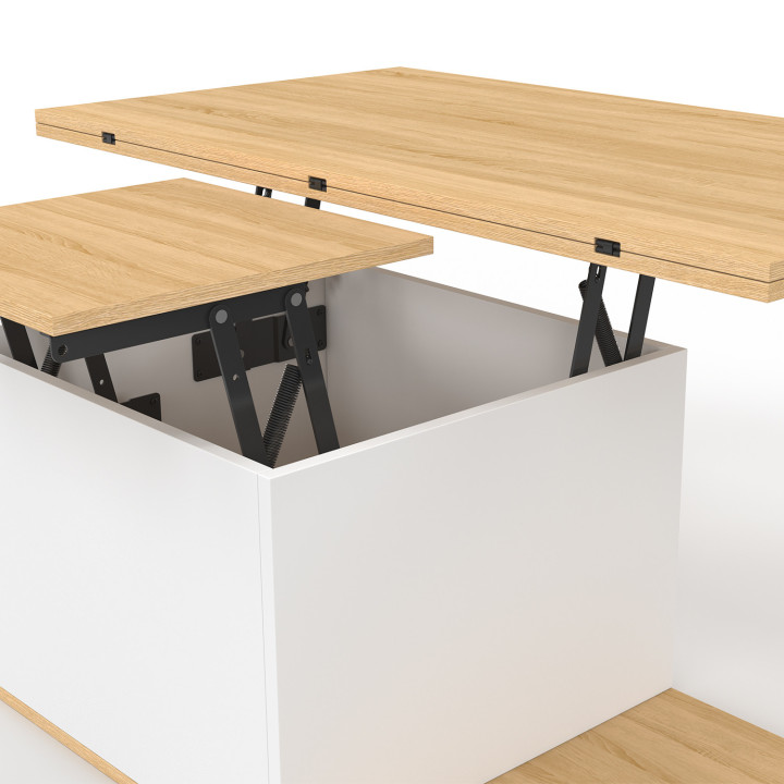 Table basse plateau relevable rectangulaire convertible en table à manger EDEN 100 cm bois et blanc avec poufs