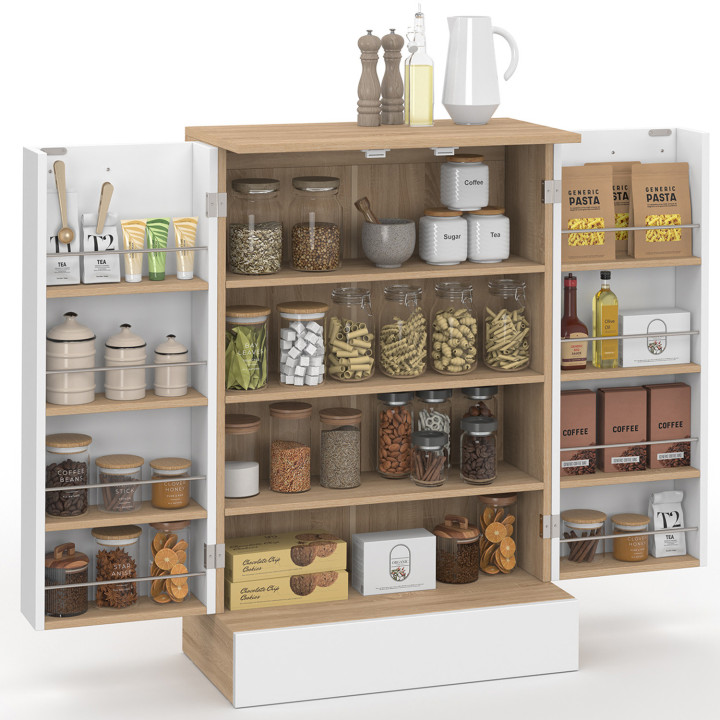 ALTO aparador de cocina bajo H.90 cm con unidades de almacenamiento en blanco y madera