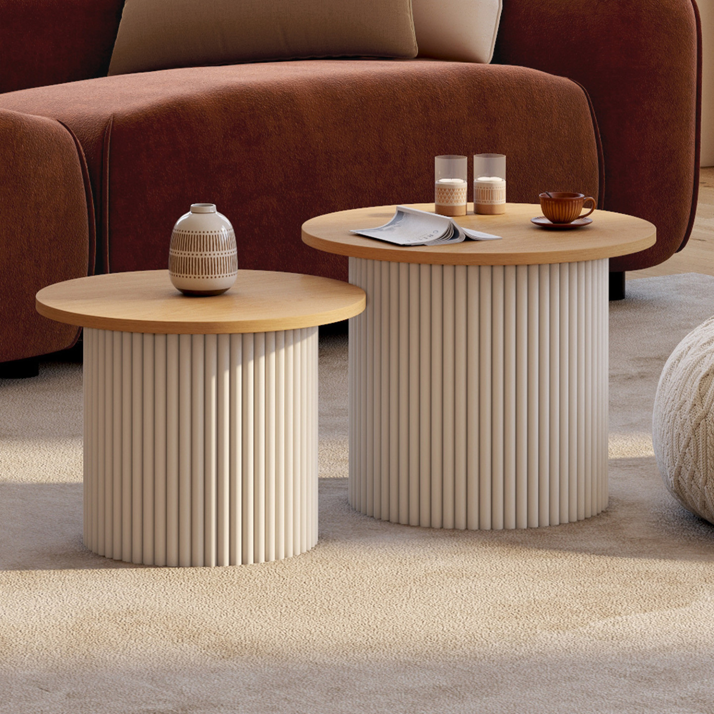 Set aus 2 runden Couchtischen 40/45 mit Holzplatte und beigem Riffeleffekt - KANEL