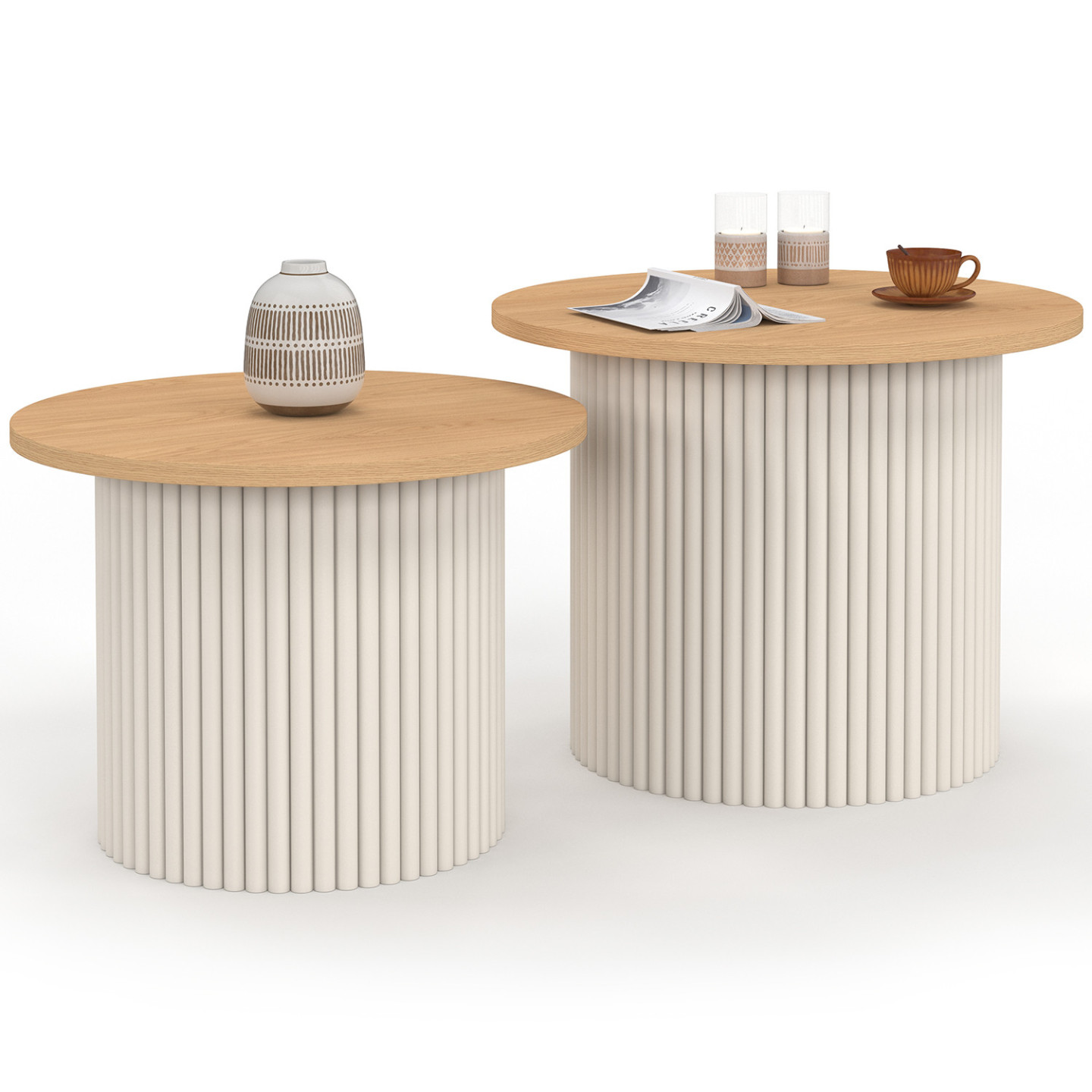 Set aus 2 runden Couchtischen 40/45 mit Holzplatte und beigem Riffeleffekt - KANEL