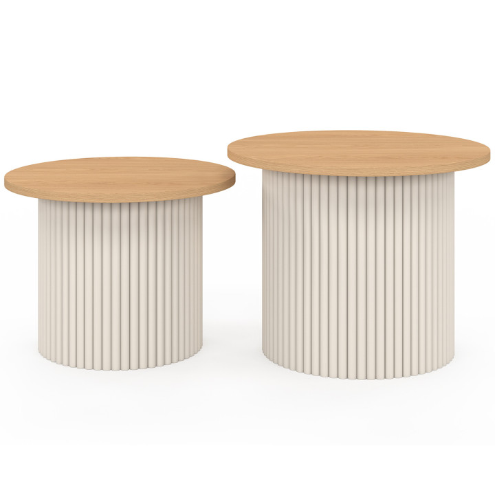 Lot de 2 tables basses gigognes KANEL rondes effet cannelé bois et beige