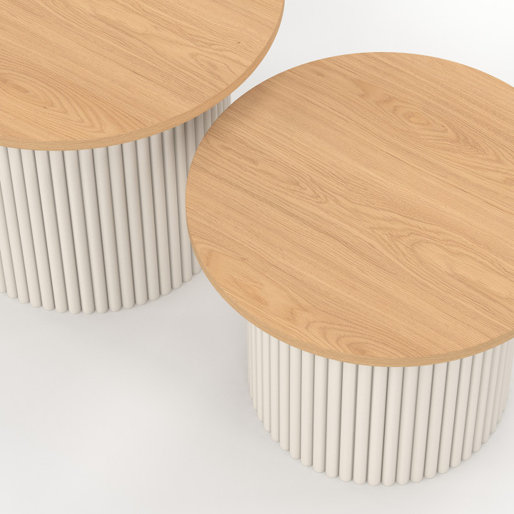 Set aus 2 Couchtischen KANEL rund 40/45 mit beigem Riffelmuster und Holzplatte