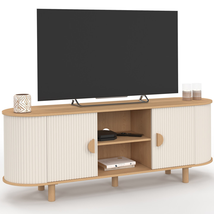 TV-Möbel 140 cm KANEL 2 Türen in Riffeloptik Beige und Holz