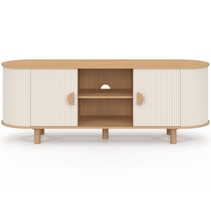 Meuble TV 140 cm KANEL 2 portes effet cannelé bois et beige