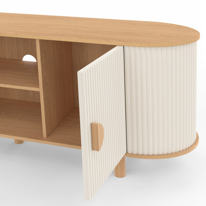 Mueble TV KANEL 2 puertas efecto estriado beige y madera 140 cm