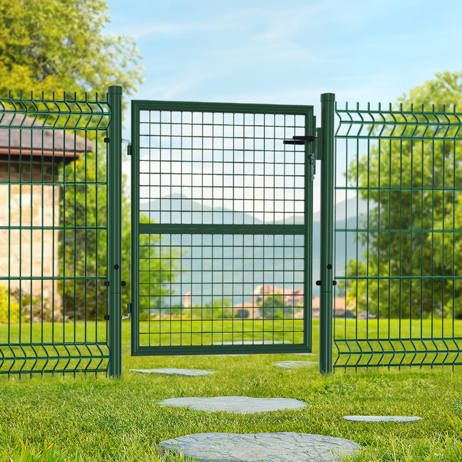Portillon de jardin 105 x 100 cm en acier avec serrure et poignée vert