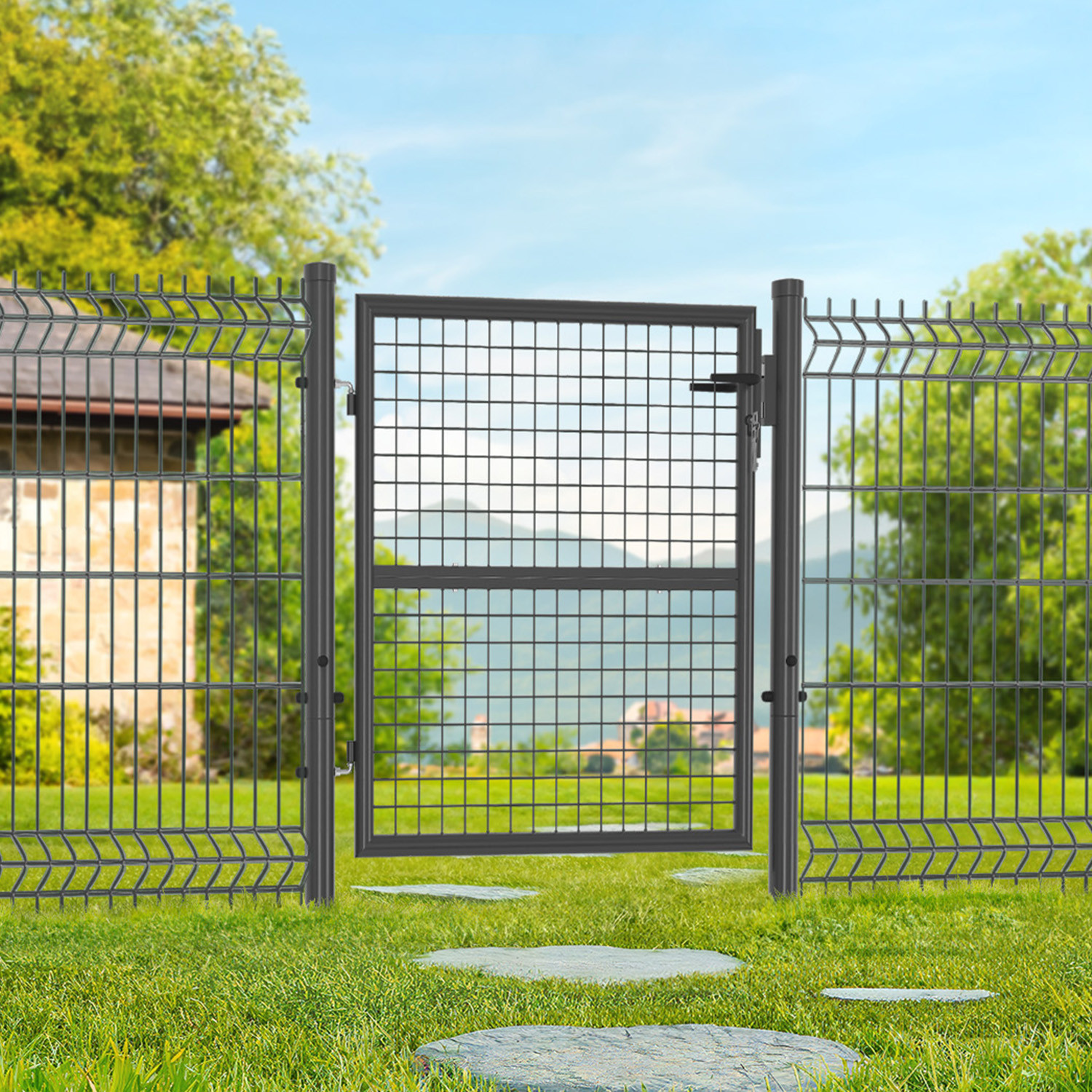 Portillon de jardin 105 x 100 cm en acier avec serrure et poignée gris anthracite