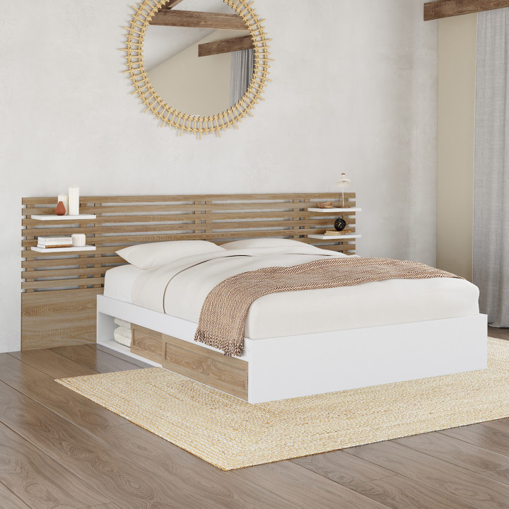 Doppelbett 140x190 weiß und Buche mit Kopfteil, Konsolen und Lattenrost - SAVANA | ID Market