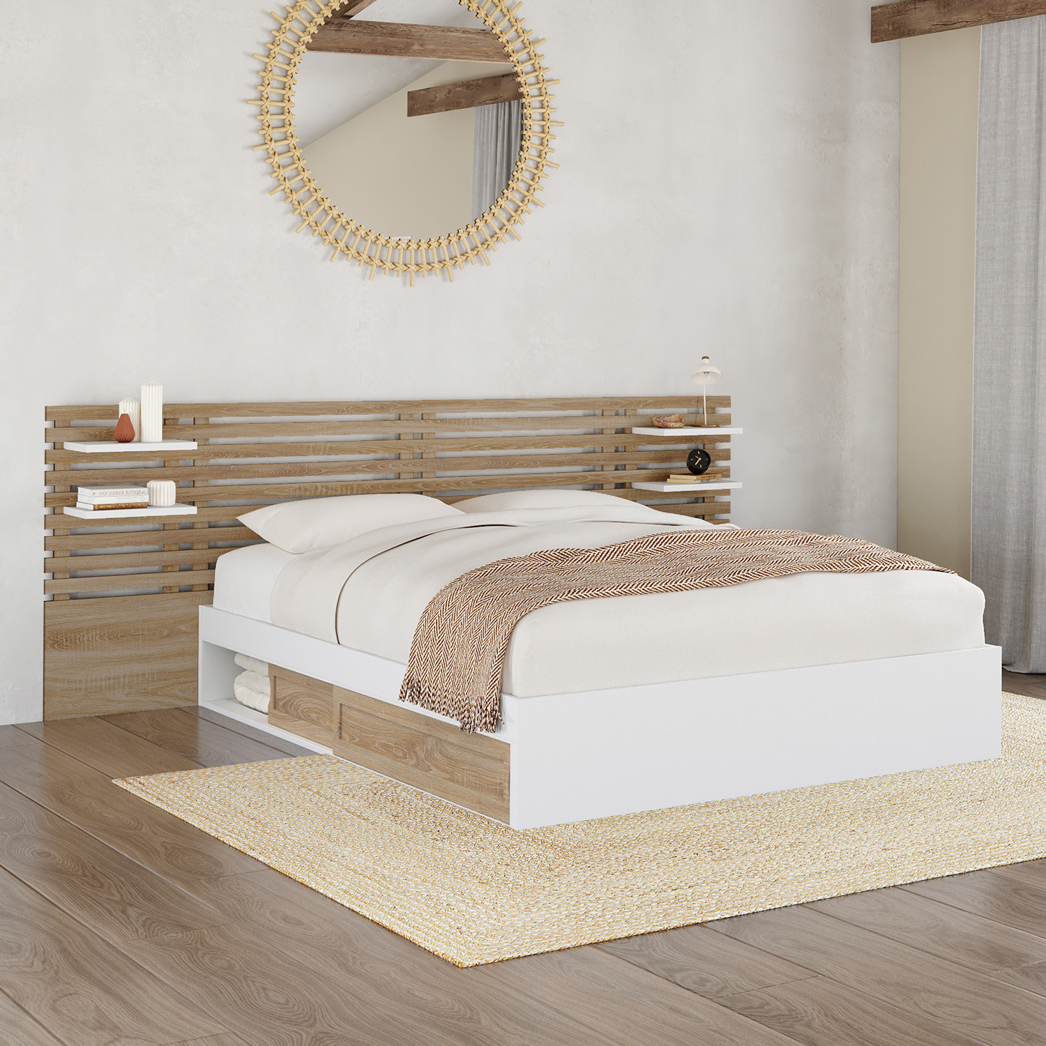 Lit double 140x190 blanc et hêtre avec rangement, tête de lit et chevets