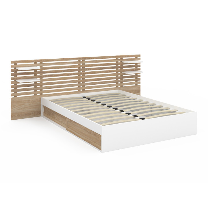Lit double SAVANA avec tête de lit, chevets, rangements et sommier 140 x 190 cm hêtre et blanc