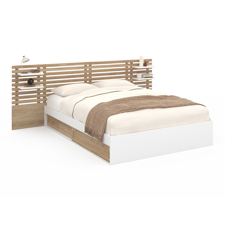 Letto matrimoniale 140x190 bianco e faggio con testiera, comodini e base - SAVANA | ID Market