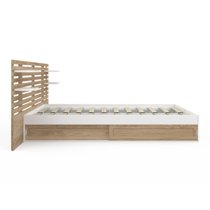 Tweepersoonsbed 140x190 wit en beuken met hoofdbord, nachtkastjes en lattenbodem - SAVANA | ID Market