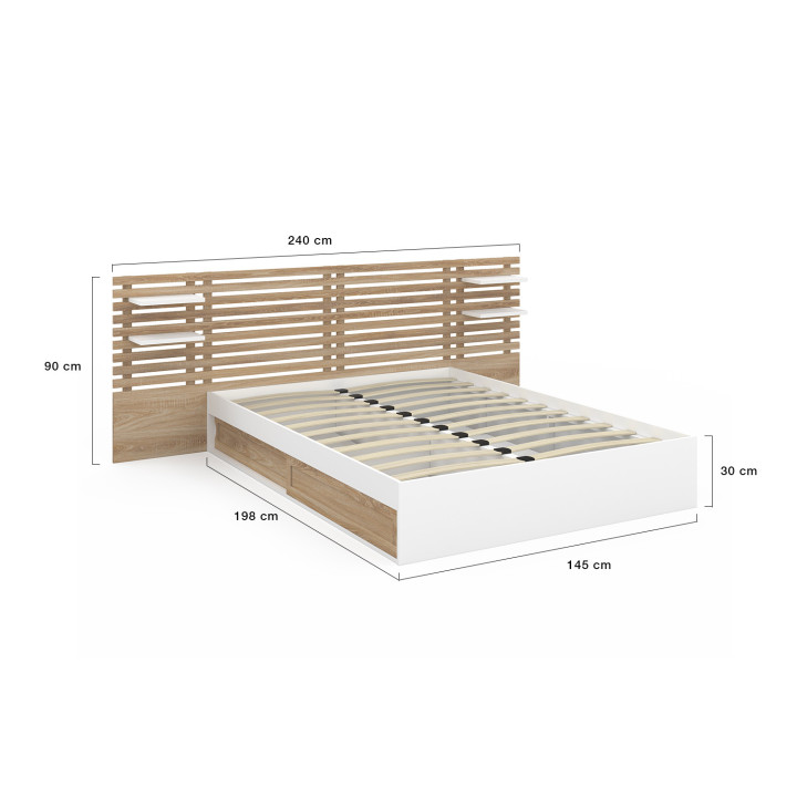 Tweepersoonsbed 140x190 wit en beuken met hoofdbord, nachtkastjes en lattenbodem - SAVANA | ID Market