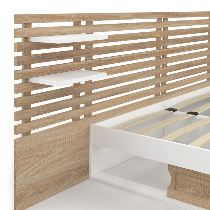 Doppelbett 140x190 weiß und Buche mit Kopfteil, Konsolen und Lattenrost - SAVANA | ID Market