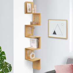 Etagère murale d'angle EDHEN 5 niveaux bois et cannage