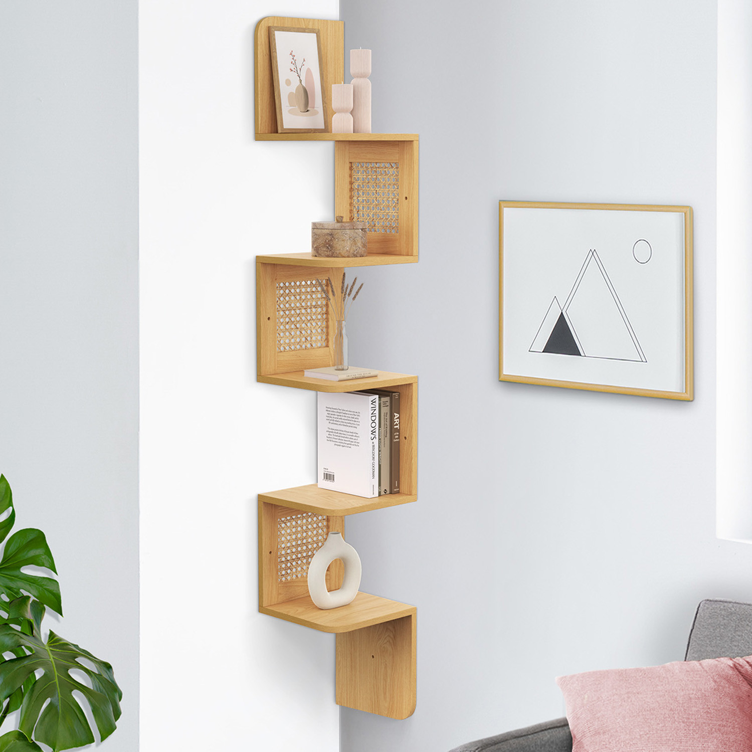 Etagère murale d'angle 5 niveaux bois et cannage