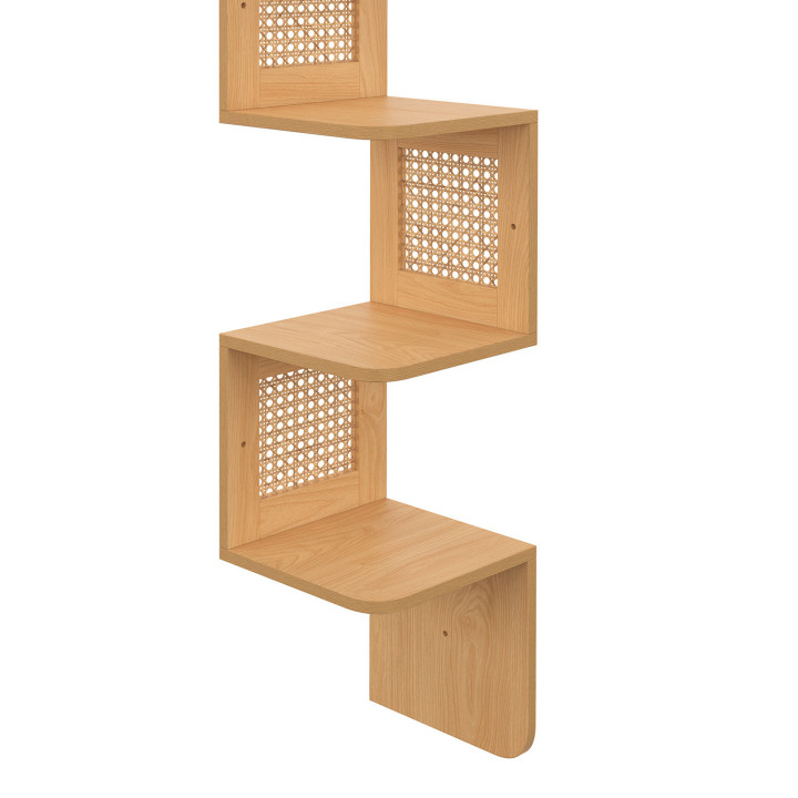 Etagère murale d'angle EDHEN 5 niveaux bois et cannage