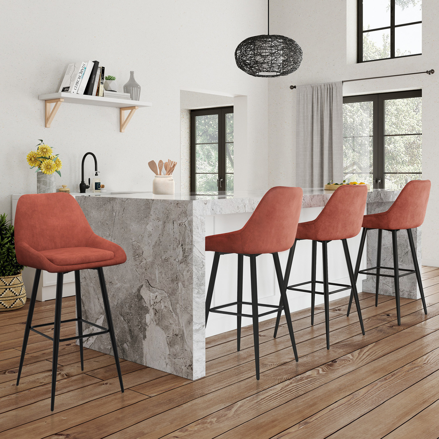 Lot de 4 tabourets de bar en velours terracotta avec demi-accoudoirs ...