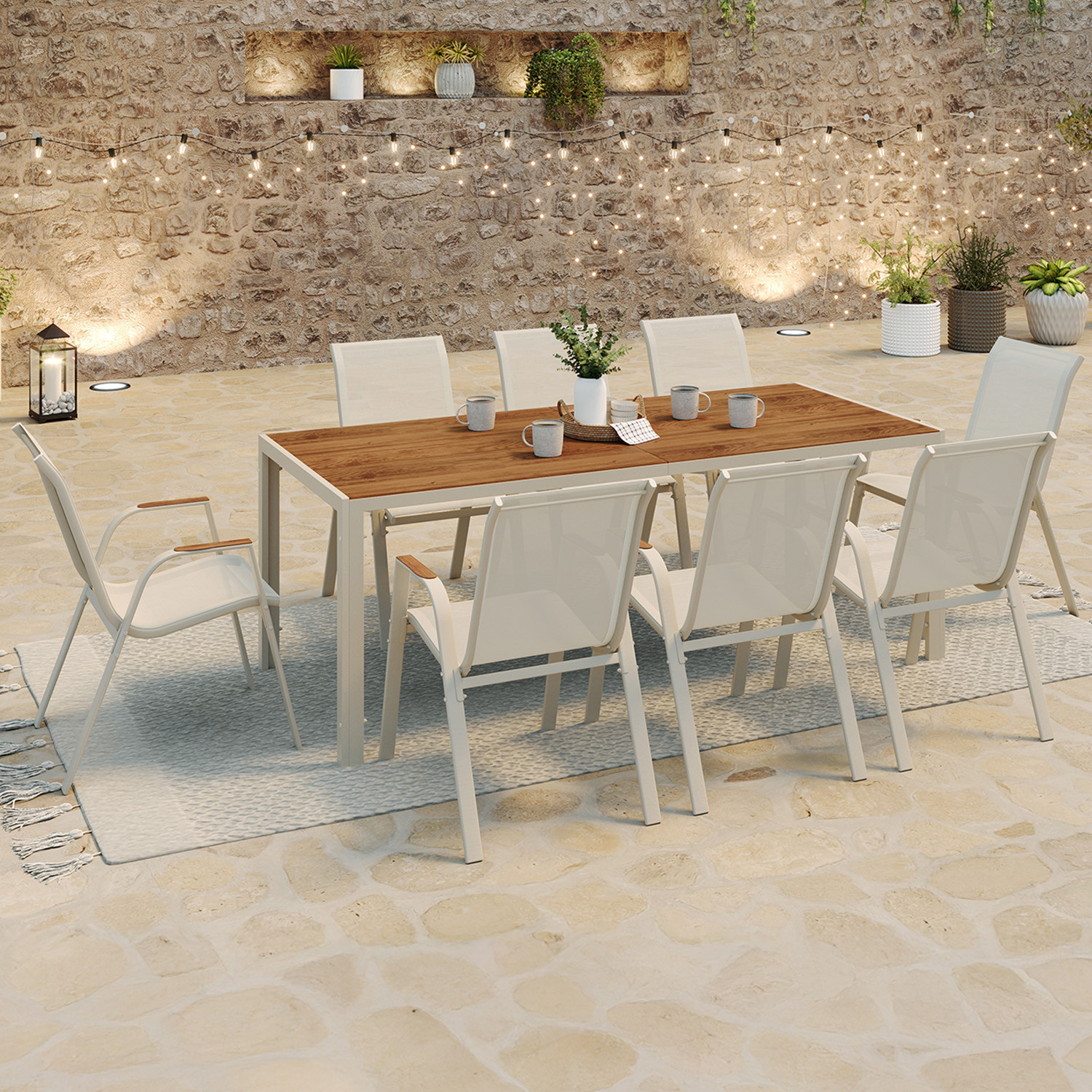 Salon de jardin table 190 CM plateau verre trempé effet bois et 8 chaises empilables beige et bois