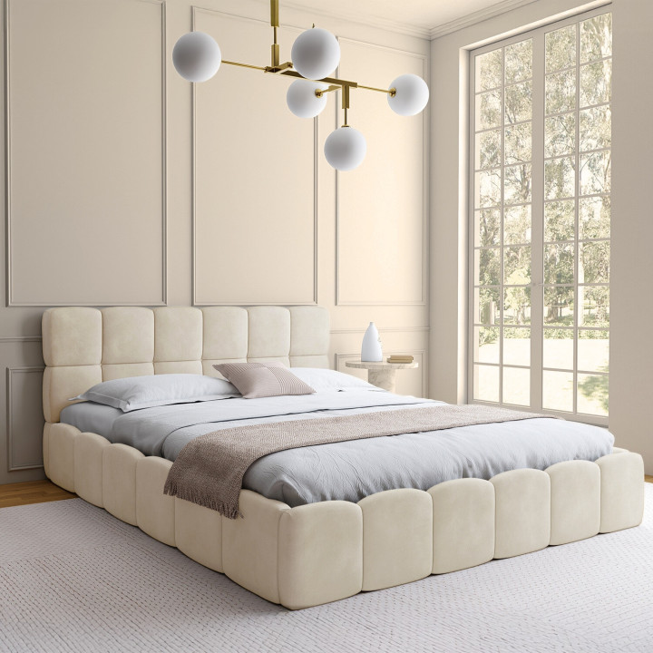 NUAGE tweepersoons commodebed met doorgestikt hoofdeinde en beige fluwelen lattenbodem 160 x 200 cm