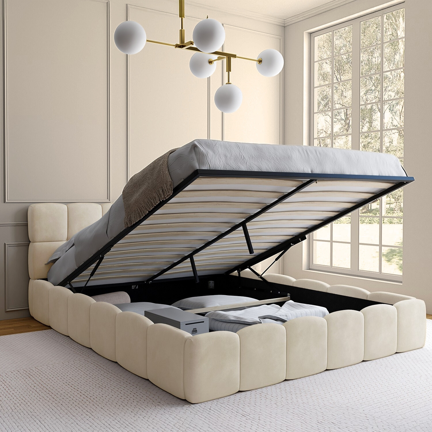 Lit coffre double avec sommier 160 x 200 cm et tête de lit matelassée velours beige