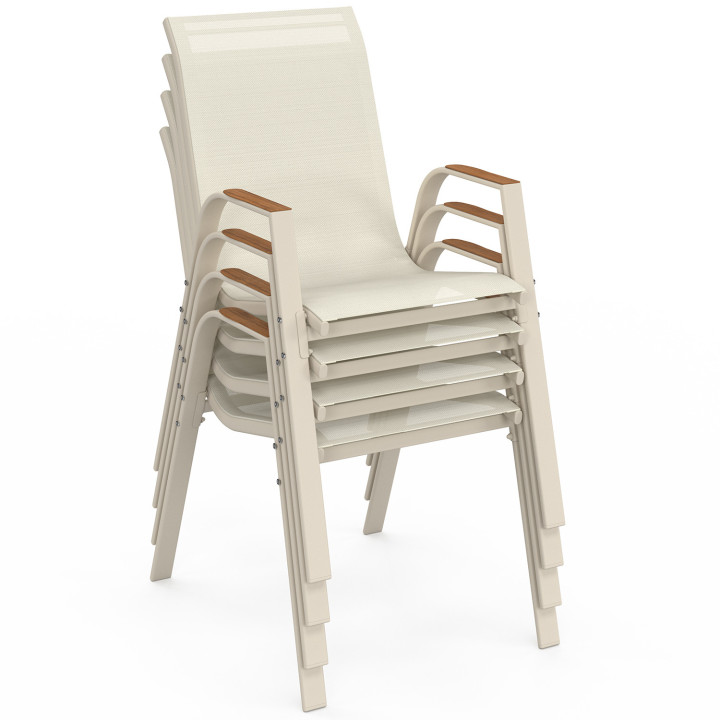 Salon de jardin NOUMEA table 190 cm plateau verre trempé effet bois et 8 chaises empilables beige et bois