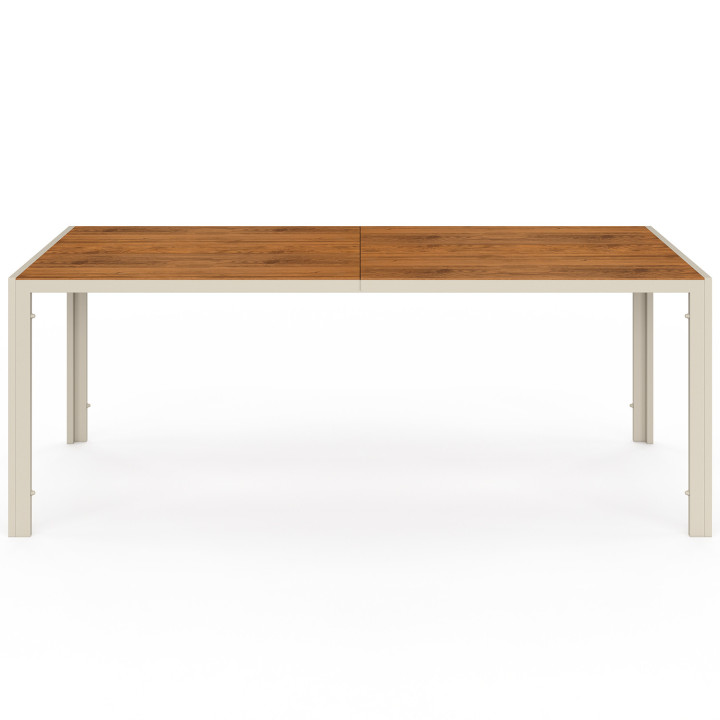 Gartenmöbel NOUMEA Tisch 190 cm Platte aus gehärtetem Glas in Holzoptik und 8 stapelbare Stühle in beige und Holzoptik