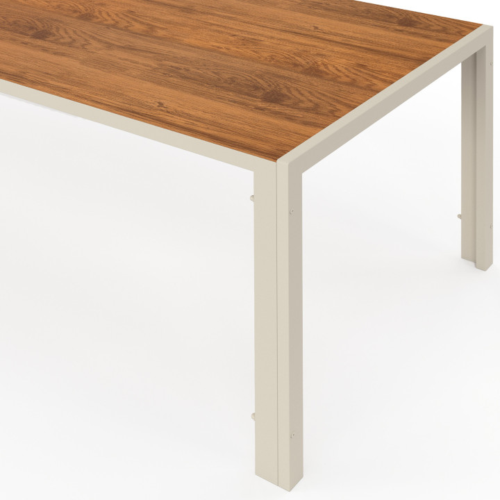 NOUMEA tuinset 190 cm tafel met gehard glazen blad en 8 beige en houten stapelstoelen
