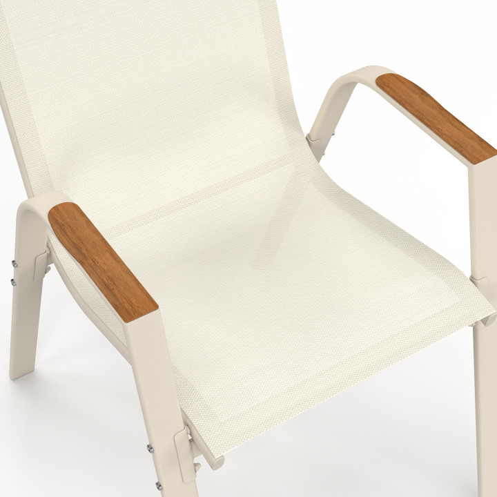 Gartenmöbel NOUMEA Tisch 190 cm Platte aus gehärtetem Glas in Holzoptik und 8 stapelbare Stühle in beige und Holzoptik