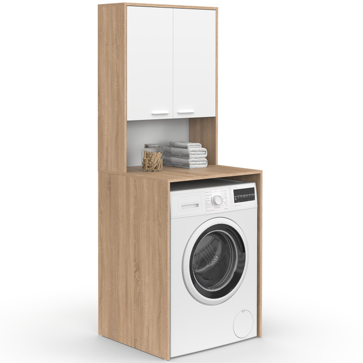 Piano lavatrice WALLIS con armadio in faggio e legno bianco