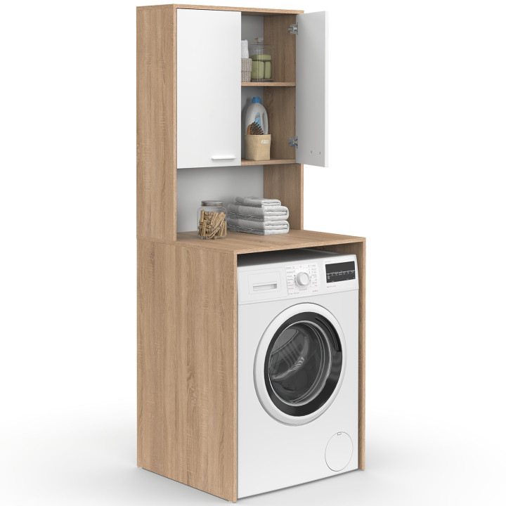 Mueble superior para lavadora WALLIS con armario de madera de haya y blanco