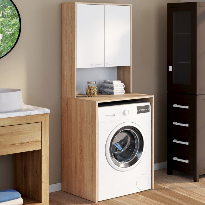 Piano lavatrice WALLIS con armadio in faggio e legno bianco