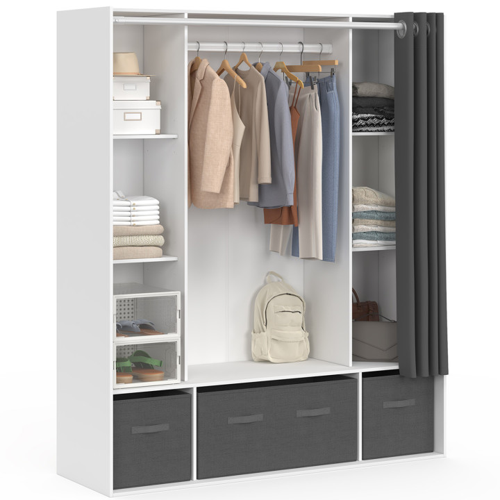 Doppelgarderobe DIANE 140 x 45 x 167 cm weiß mit Regalen + Aufbewahrungsboxen + grauer Vorhang