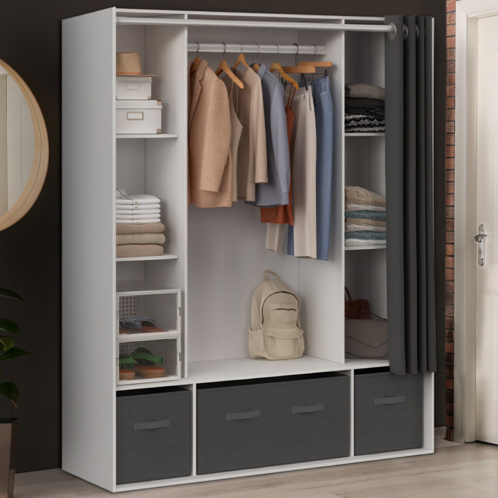 Armario doble DIANE 140 x 45 x 167 cm blanco con estantes + cajas de almacenaje + cortina gris