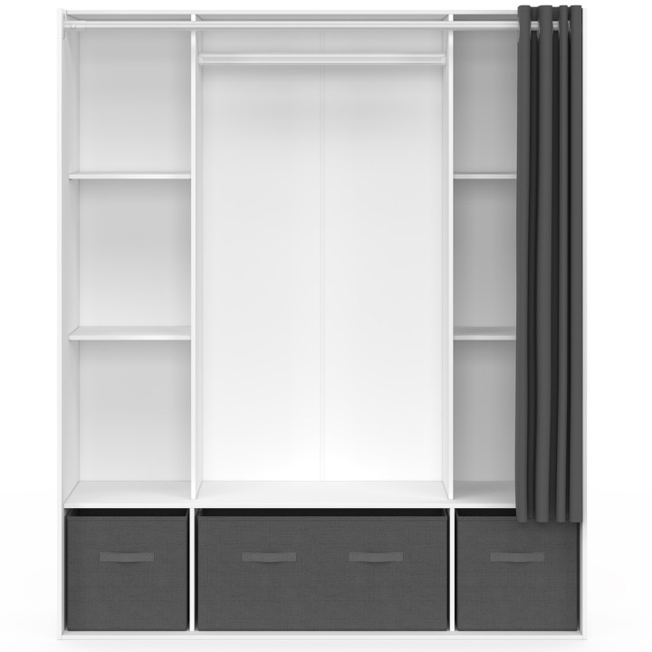 Armadio doppio DIANE 140 x 45 x 167 cm bianco con ripiani + contenitori + tenda grigia