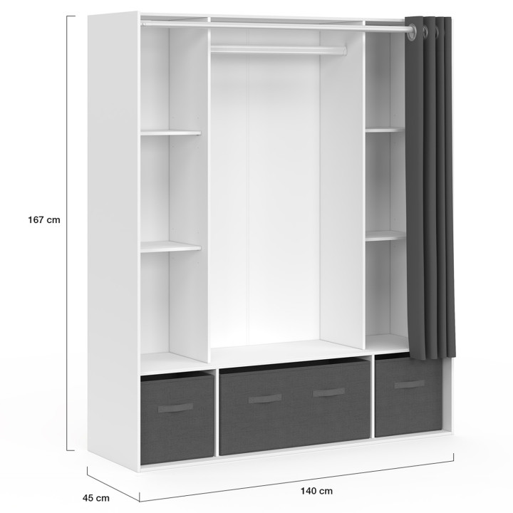 Dubbele kledingkast DIANE 140 x 45 x 167 cm wit met legplanken + opbergboxen + grijs gordijn