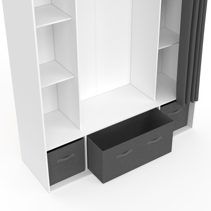 Armario doble DIANE 140 x 45 x 167 cm blanco con estantes + cajas de almacenaje + cortina gris