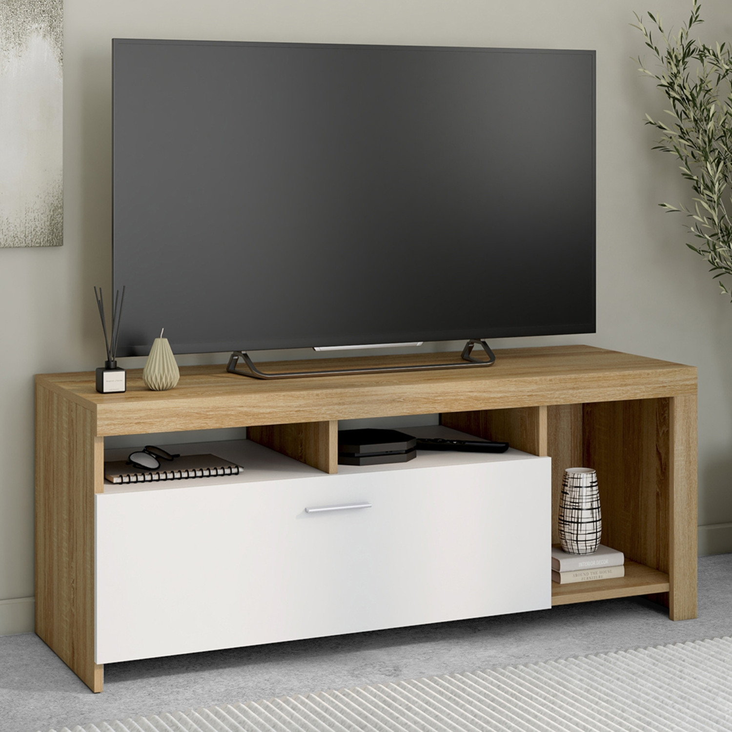 Meuble TV bois et placard blanc moderne