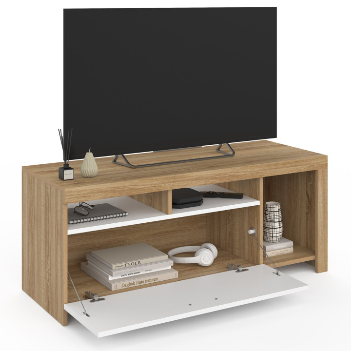 Meuble TV 110 cm MALO bois et placard blanc
