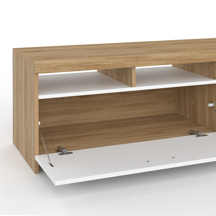 Meuble TV 110 cm MALO bois et placard blanc