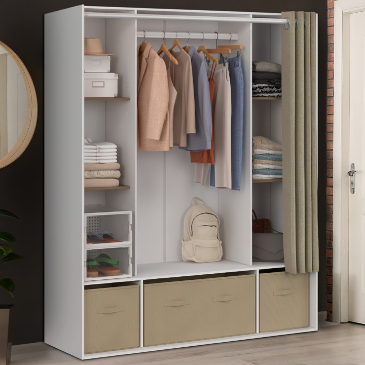Doppelgarderobe DIANE 140 x 45 x 167 cm weiß mit Regalen + Aufbewahrungsboxen + taupefarbener Vorhang