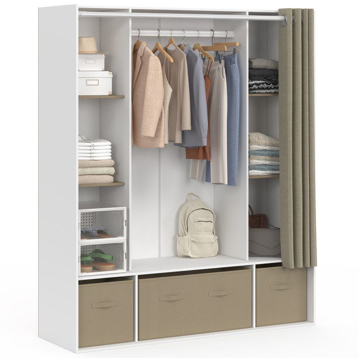 Dubbele kledingkast DIANE 140 x 45 x 167 cm wit met legplanken + opbergdozen + taupe gordijn