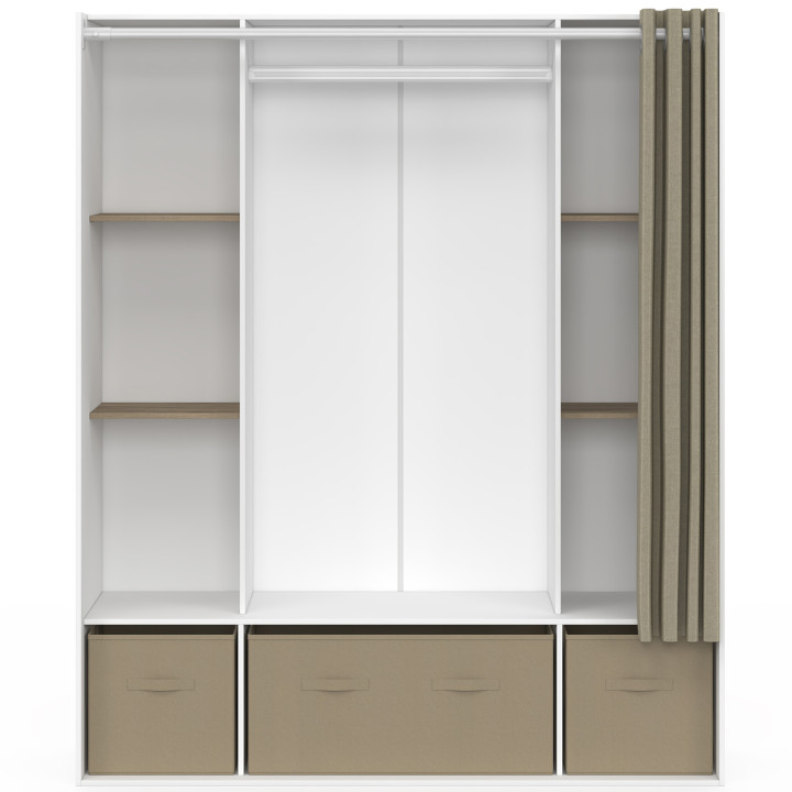 Armario doble DIANE 140 x 45 x 167 cm blanco con estantes + cajas de almacenaje + cortina topo