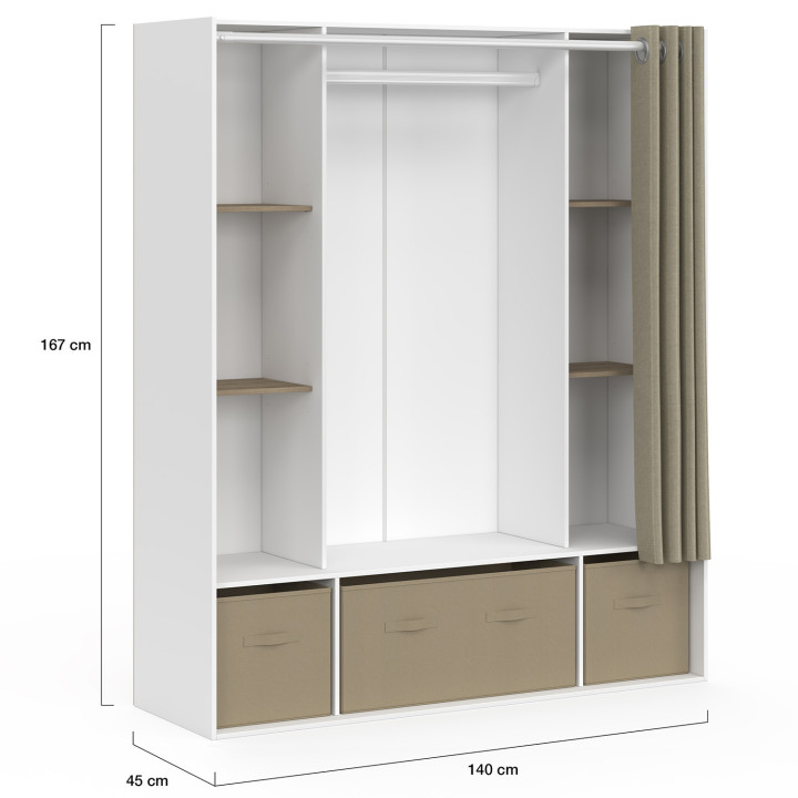 Armadio doppio DIANE 140 x 45 x 167 cm bianco con ripiani + contenitori + tenda tortora