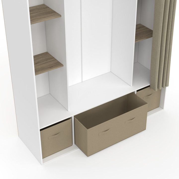 Armadio doppio DIANE 140 x 45 x 167 cm bianco con ripiani + contenitori + tenda tortora