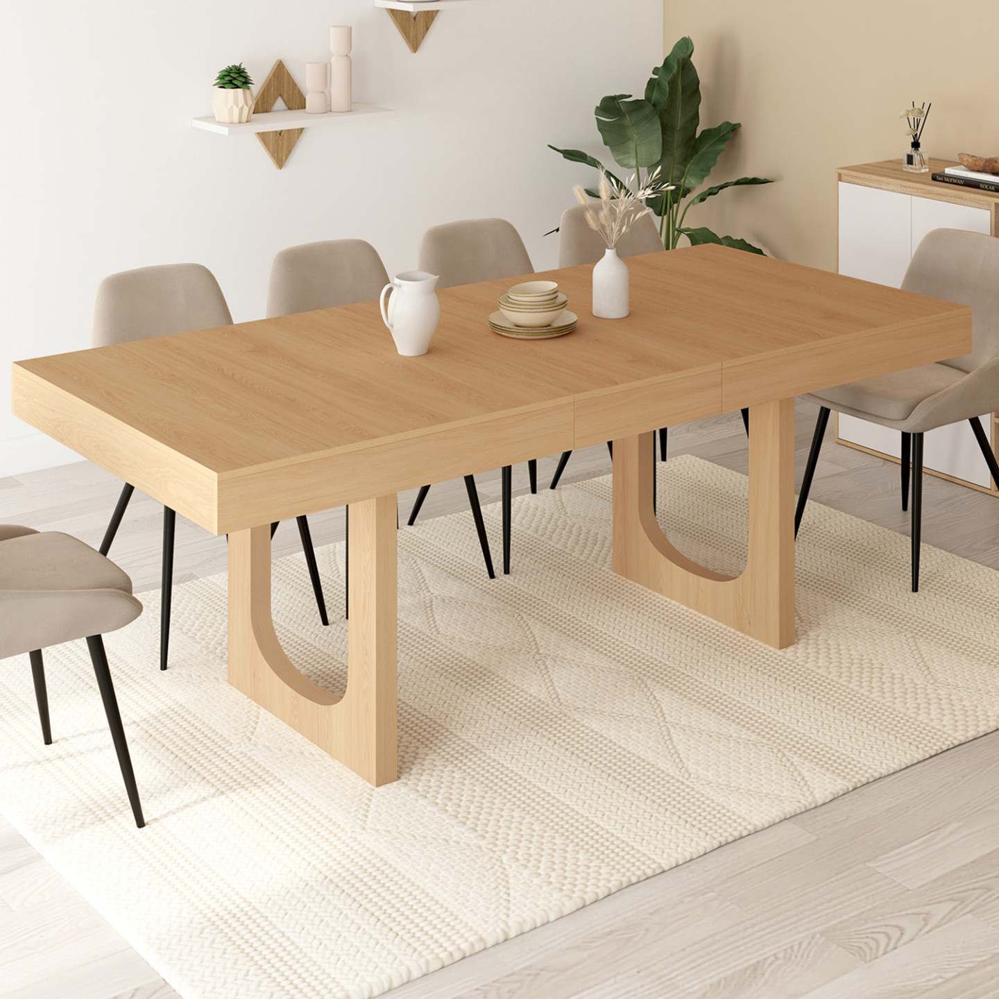 Ausziehbarer Esstisch Rechteck 4-8 Personen Bogenfuß Holz Effekt Buche 160-200 cm - ALOISE